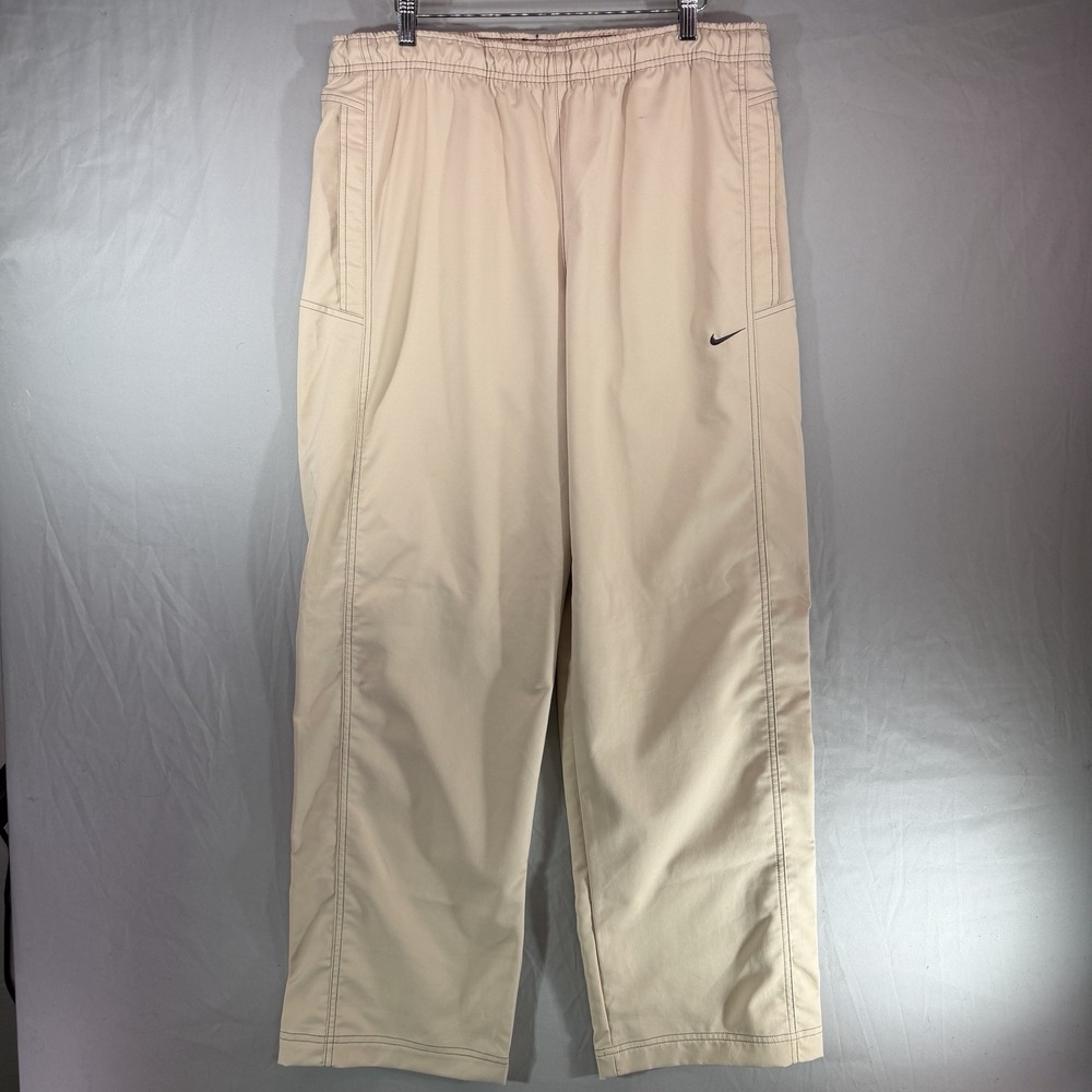 Vintage Nike Track Pants Mens Medium Beige Windbreaker Joggers Swoosh Silver Tag